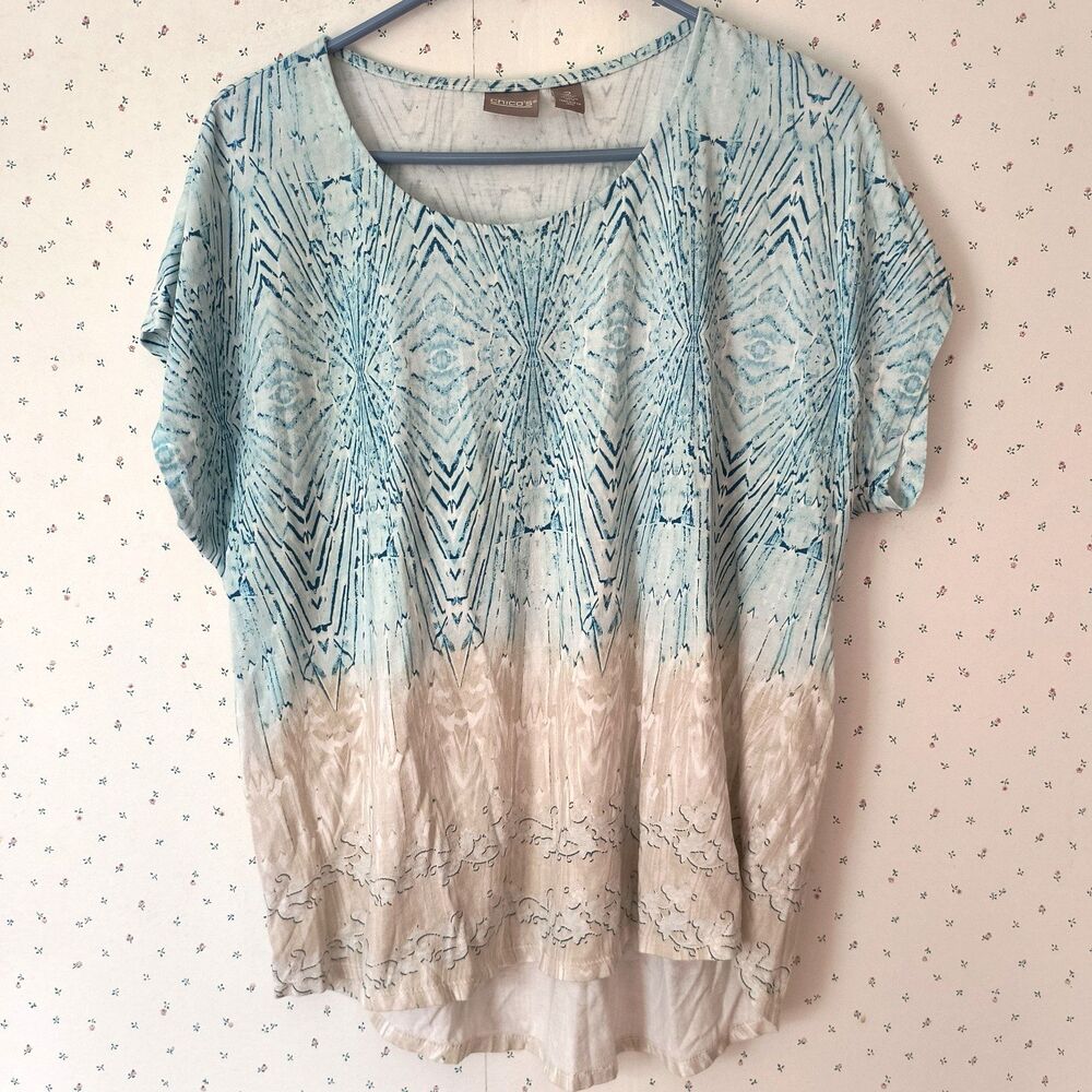 Chico's Top Sz 2 (L) Multicolor Short Sleeve Tee Cotton/Modal Hi/Low Coastal